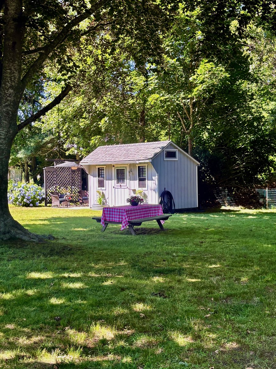 The she shed with a picnic table on the lawn